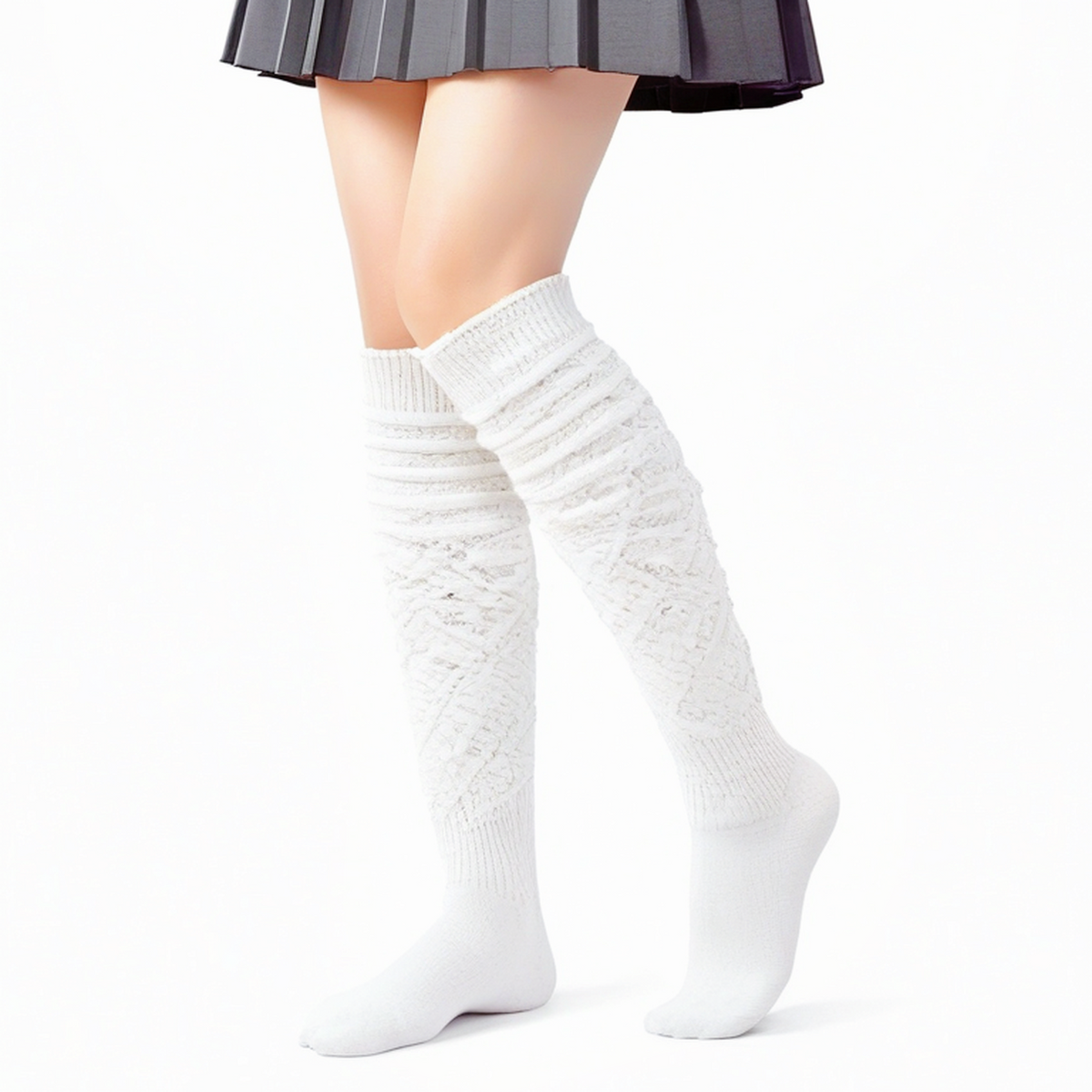 Chaussettes hautes femme 35-38 blanches en maille ajourée style plissé