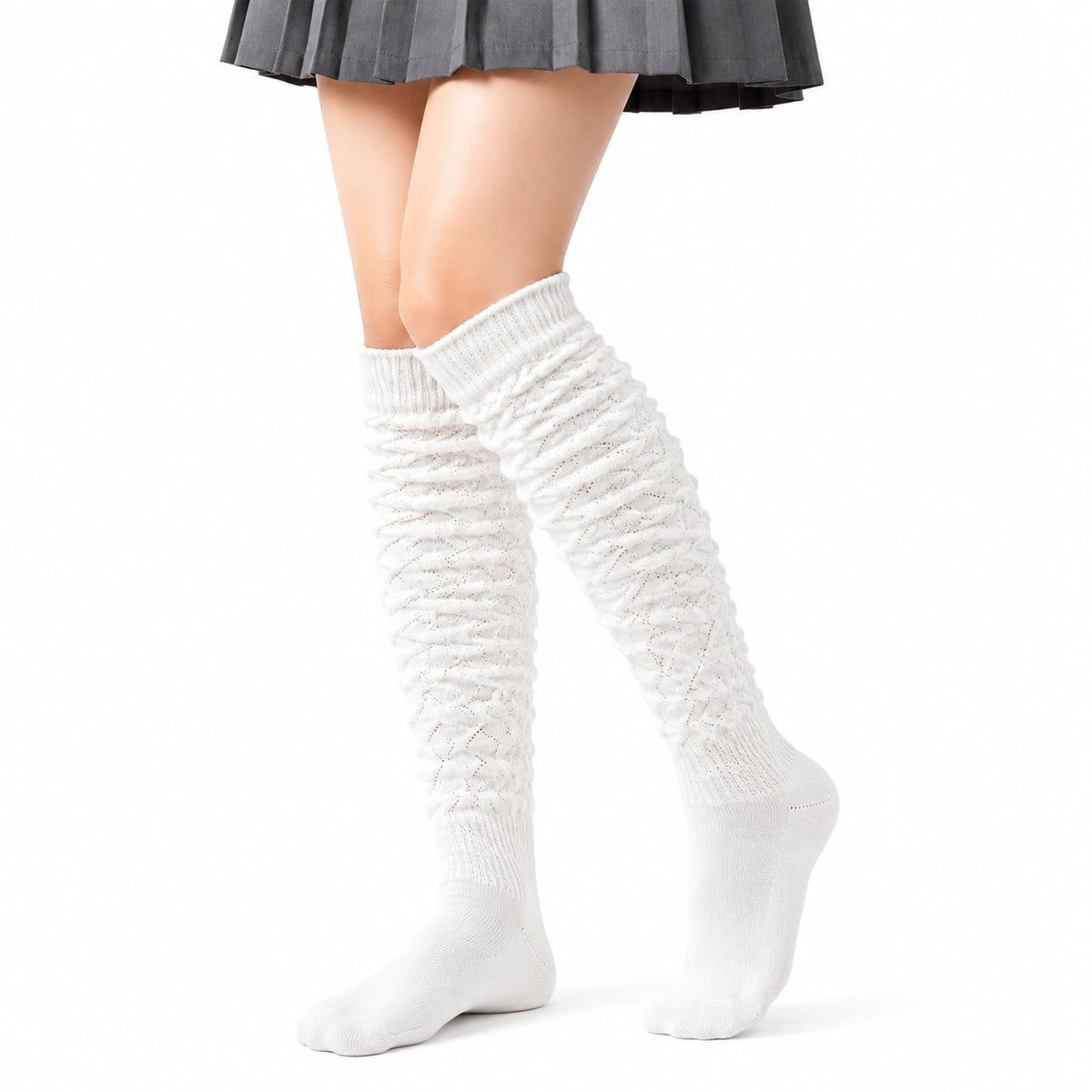 Chaussettes hautes femme 35-38 blanches en maille ajourée style plissé