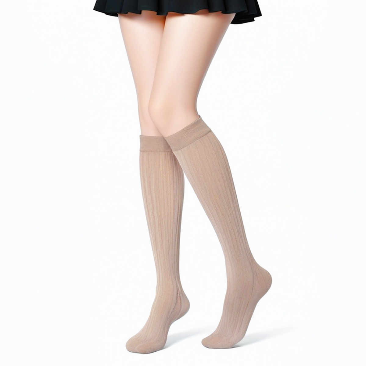 Chaussettes hautes 39-42 beige en maille côtelée style classique