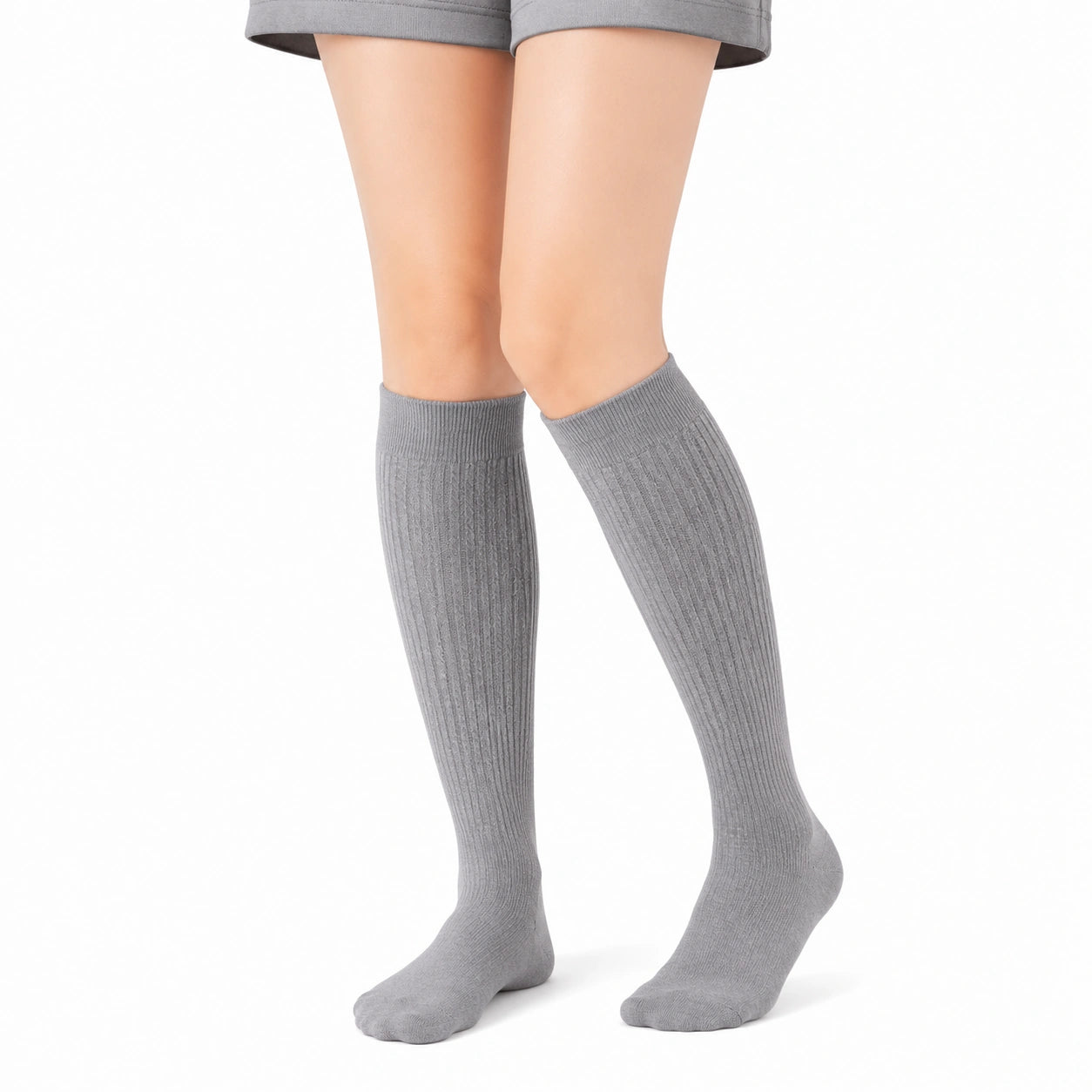 Chaussettes hautes 39-42 en maille grise côtelée pour femme