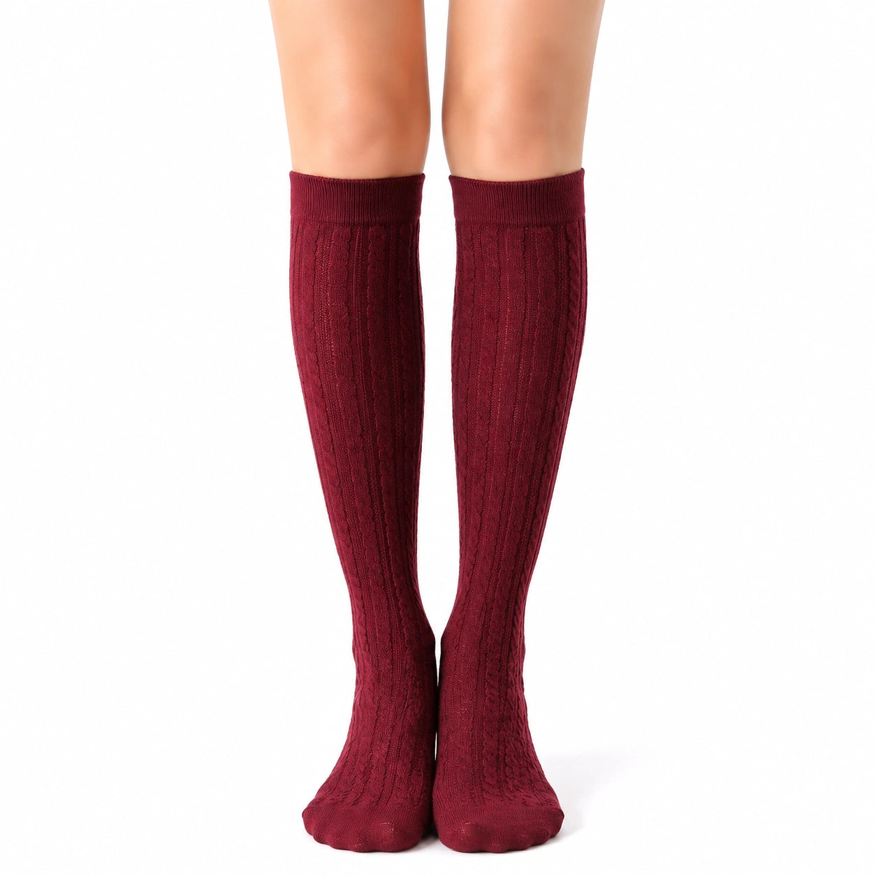Chaussettes hautes 39-42 en maille bordeaux à motif torsadé style classique