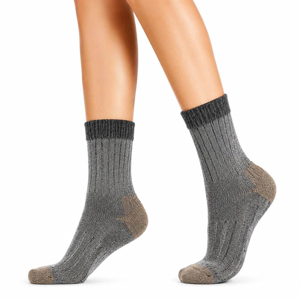 Chaussettes mi-mollet 39-42 en tricot côtelé gris et beige style décontracté