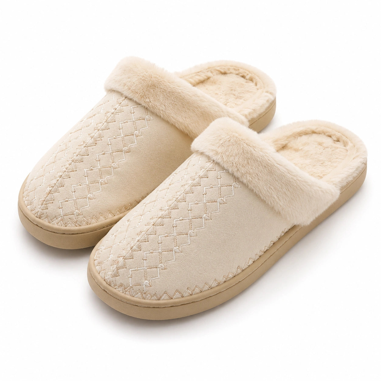 Chaussons femme 42/43 beige en textile effet daim à doublure douce pour intérieur