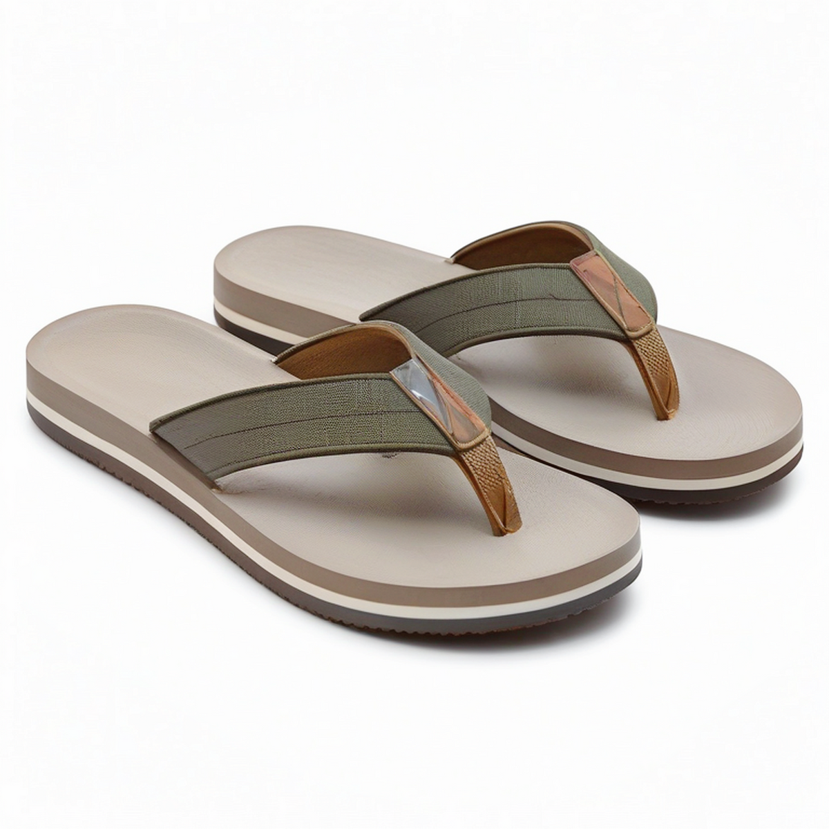 Tongs 42/43 en textile vert kaki et beige - semelle synthétique décontractée