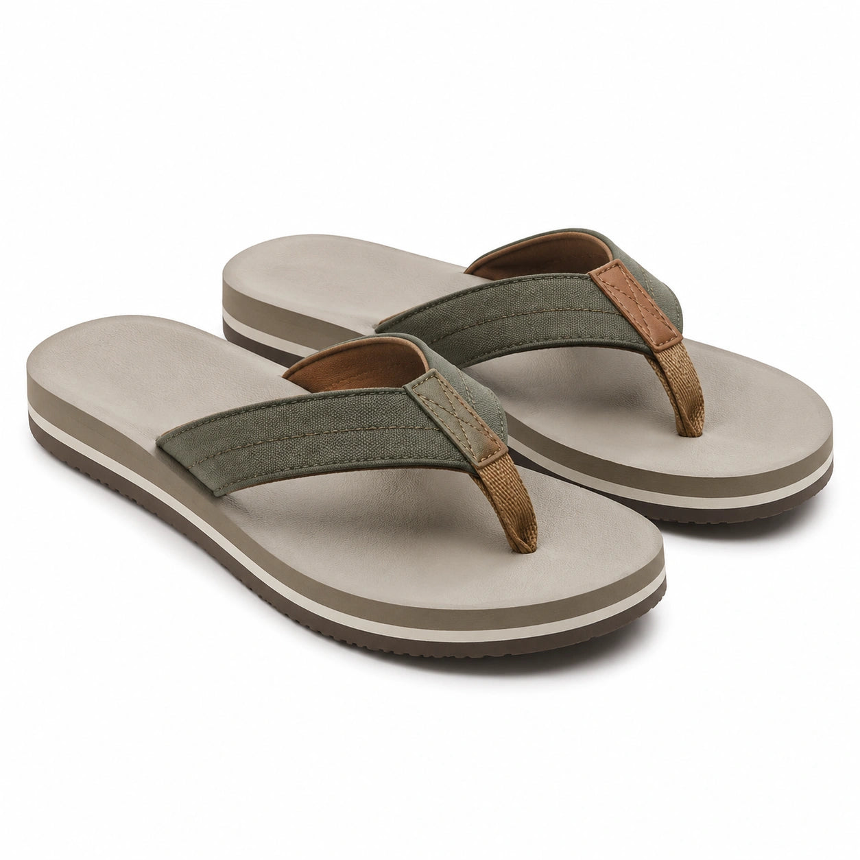 Tongs 42/43 en textile vert kaki et beige - semelle synthétique décontractée